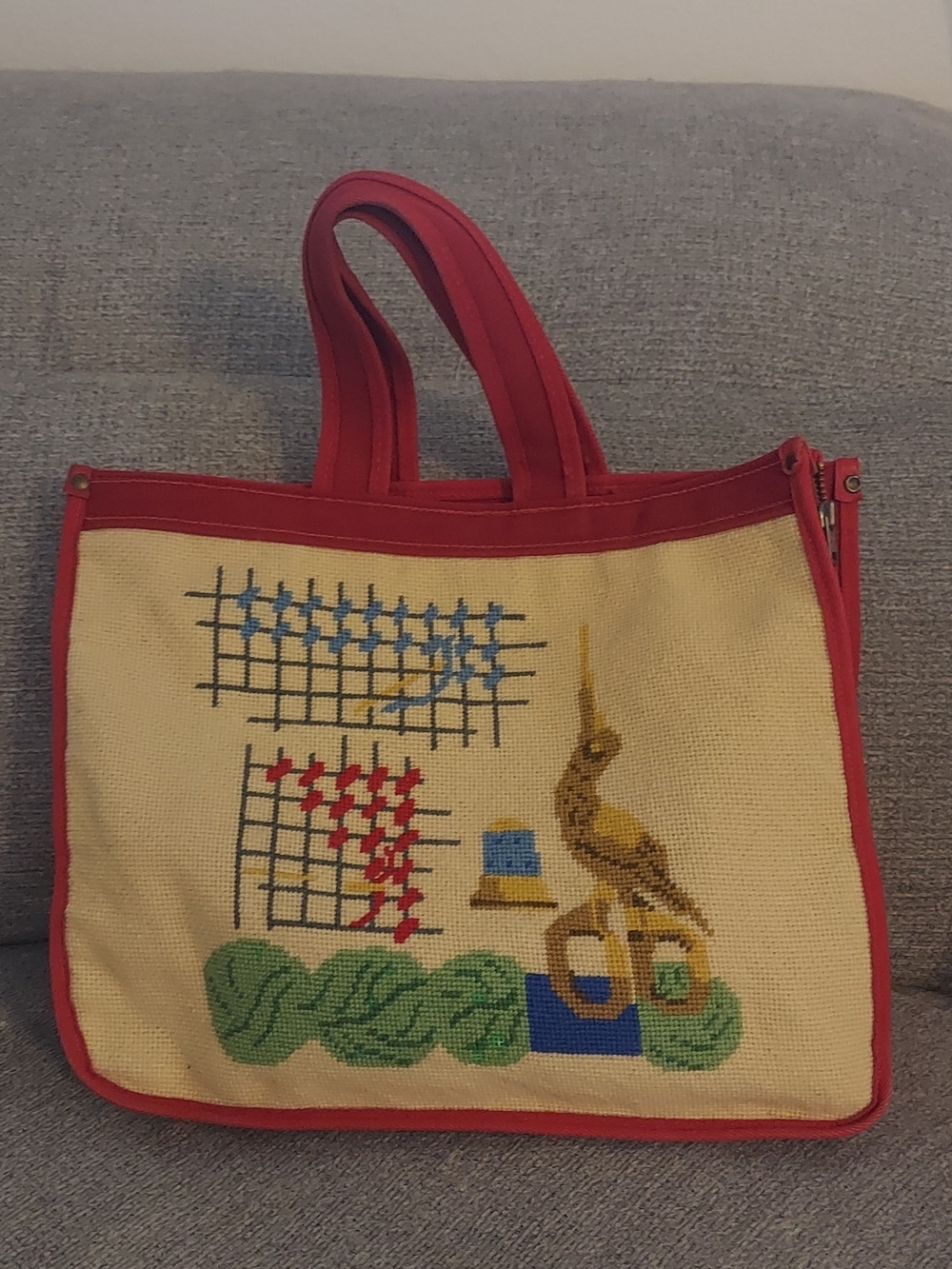 Embroidered Canvas Tote with Red Trim